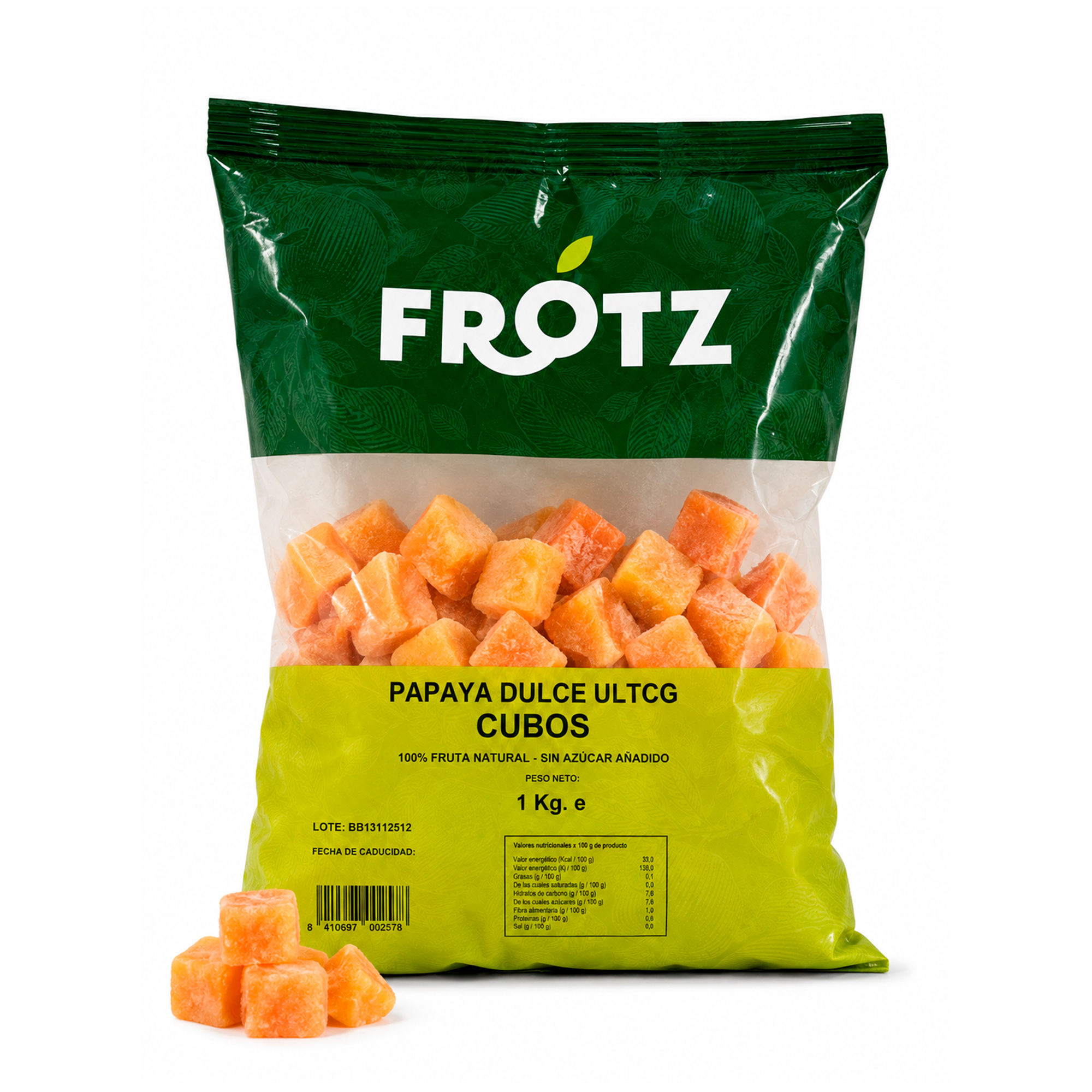 Papaya Cubes 20 × 20 mm – Frozen 1 kg